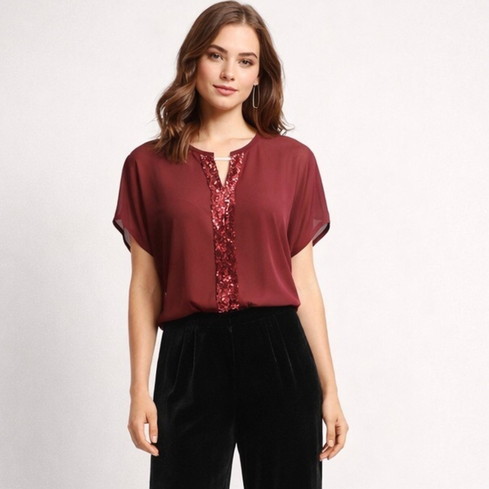 Juicy Couture Sz XS Burgundy / Maroon Sequins V Neck Top, Flowy, Semi-Sheer